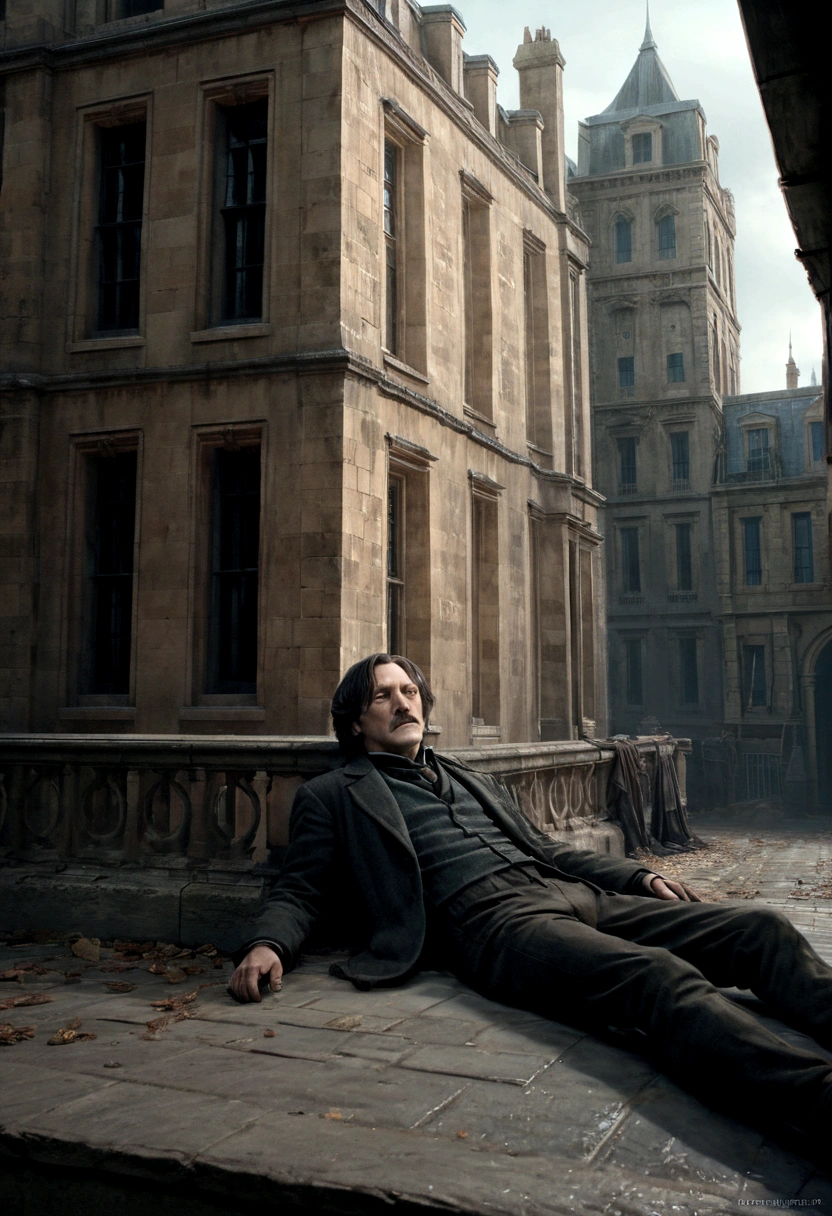 a detailed portrait of remus lupin lying dead on the ground in front of a classic 2-story building, severus snape watching from a balcony, extremely detailed face and body, realistic, photorealistic, detailed architecture, moody lighting, dramatic shadows, melancholic atmosphere, somber colors, cinematic composition