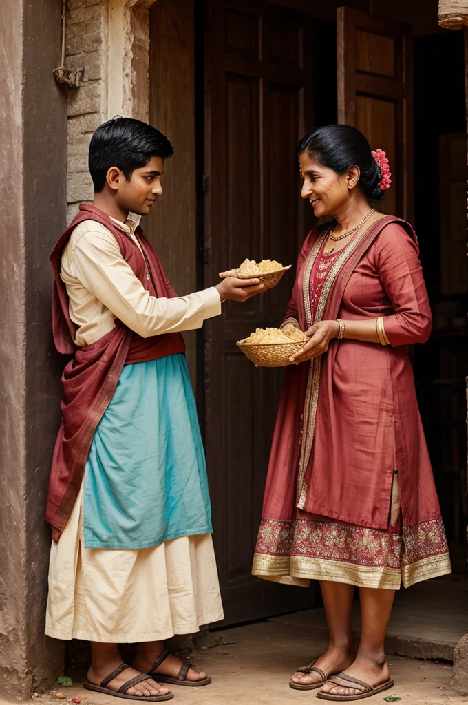 A story cover for a hindi story of a boy giving food to an old lady