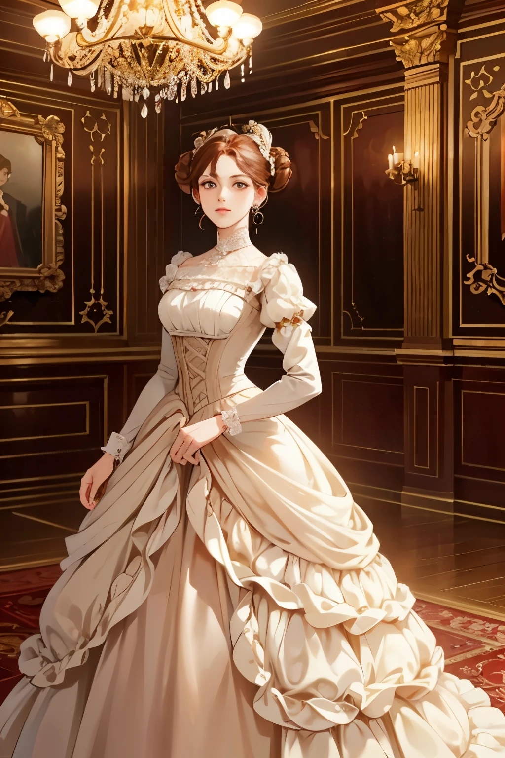 Beautiful aristocratic woman of victorian era, Europe in the 18th century, reddish brown hair,Exquisite high bun braid hairstyle, curls, elegant ballroom dress, Standing in the luxurious banquet hall, Delicate and meticulous, 8K, Reality, Dramatic Lighting, high quality, Complex design, classical portrait