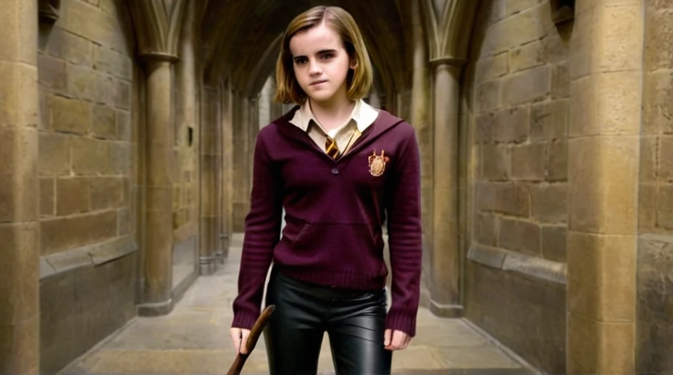 Emma Watson stands in a Griffindor leather outfit with a whip in a corridor of Hogwarts 