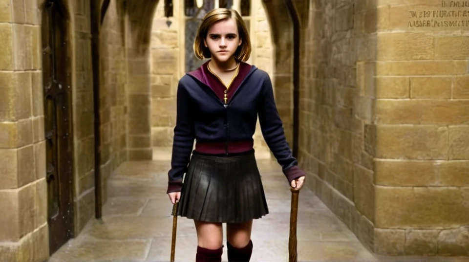 Emma Watson stands in a Griffindor leather outfit with a whip in a corridor of Hogwarts 