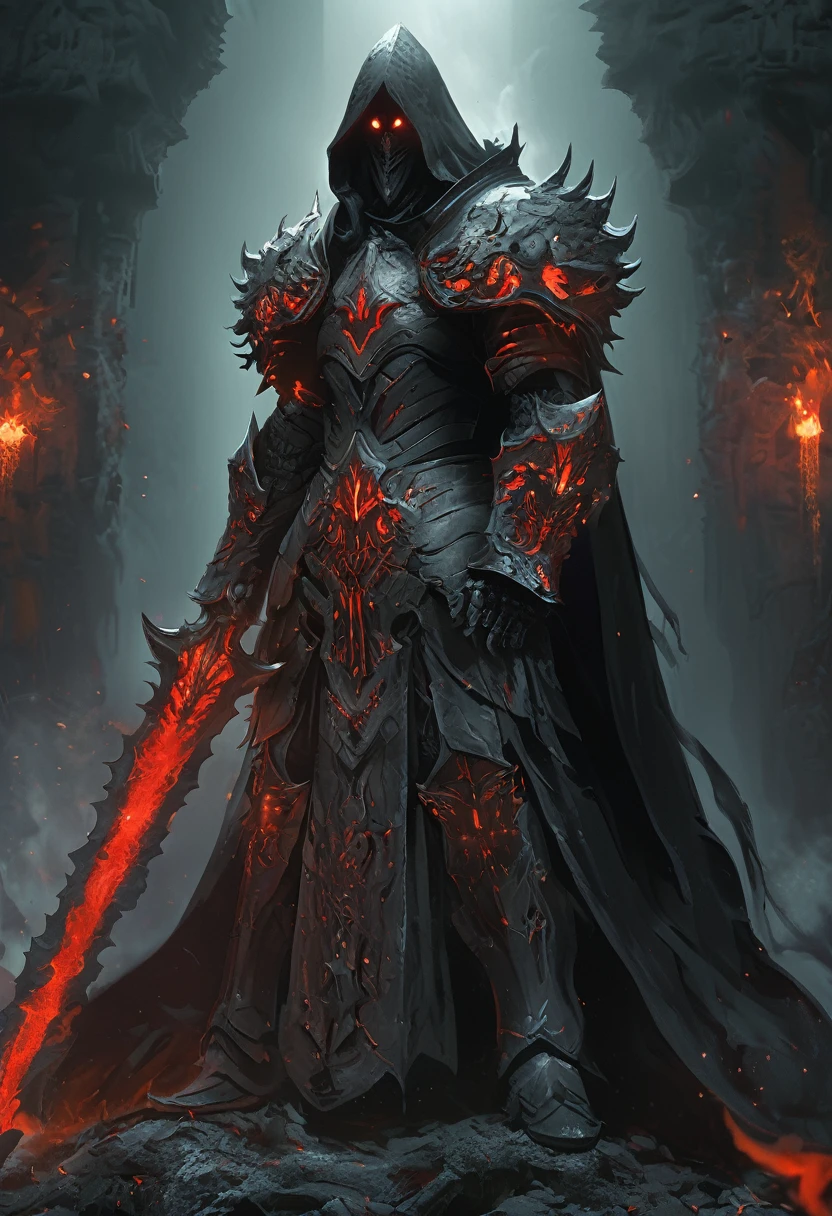 cinematic ,HKStyle, Soul Knight, black lava necromantic armor with red elements ,black hood and cape, armor infused with a robe, glowing eyes,smoke, nature inspired, bones as an accessory, night at the ruined city, linquivera background filled with chaotic patterns, disturbing, depressing, masterpiece, HD,
