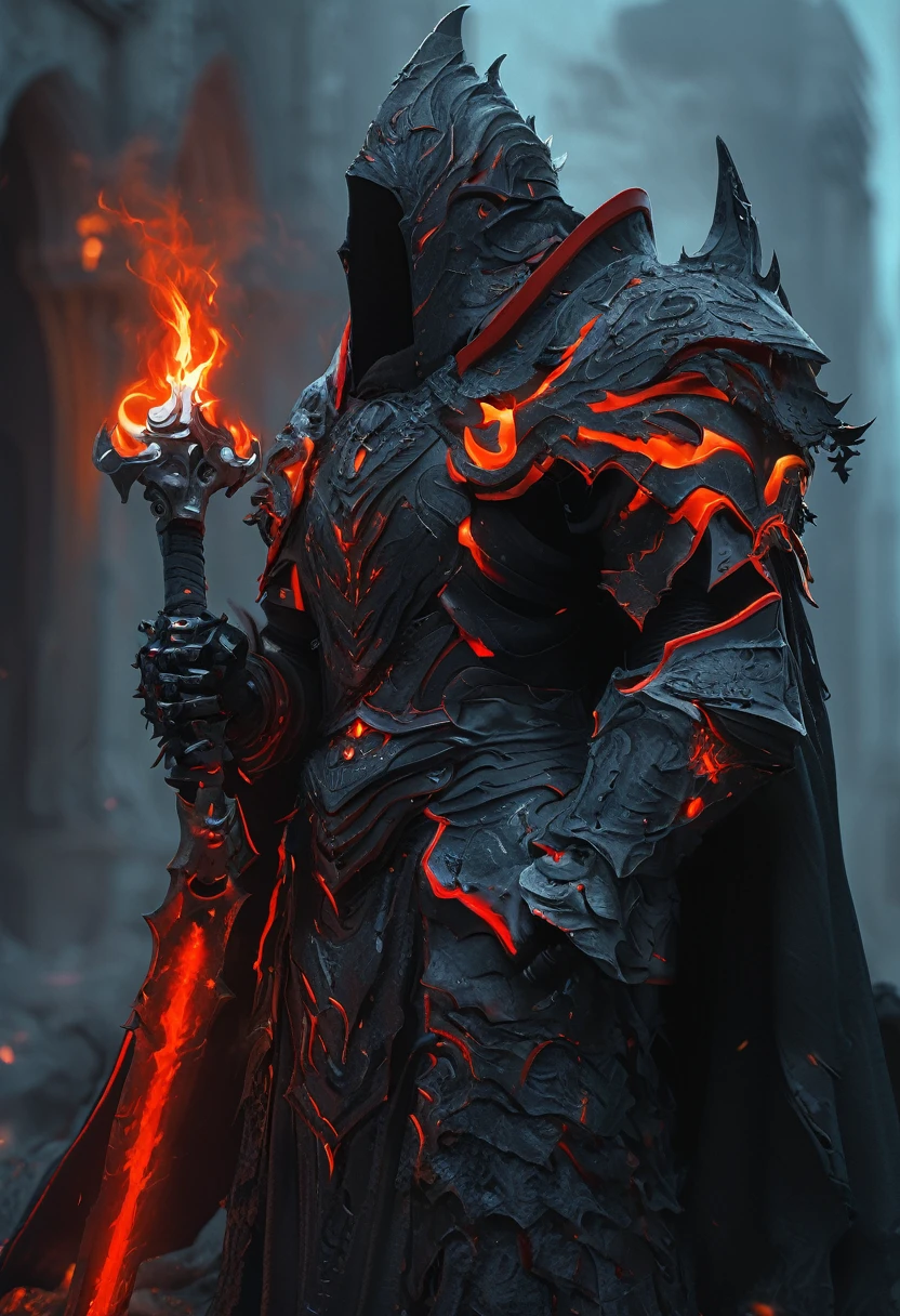 cinematic ,HKStyle, Soul Knight, black lava necromantic armor with red elements ,black hood and cape, armor infused with a robe, glowing eyes,smoke, nature inspired, bones as an accessory, night at the ruined city, linquivera background filled with chaotic patterns, disturbing, depressing, masterpiece, HD, 