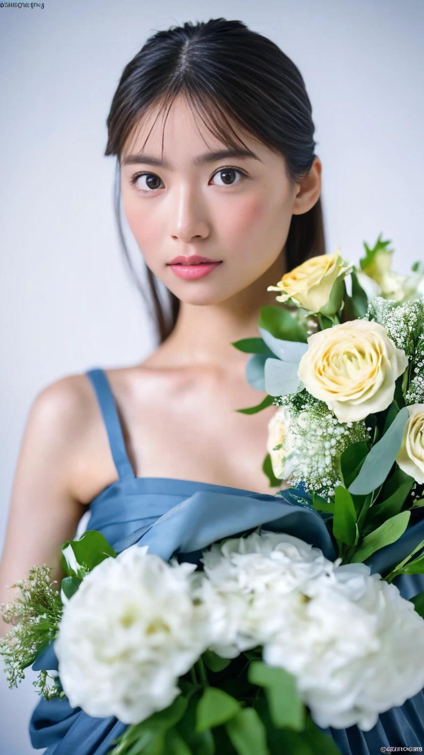 Woman and bouquet, She looked at me with such beautiful and kind eyes..Schneider Pastel Ink Details, 、(pastel colour),Soft texture:((Delicate and beautiful eyes), (Detailed eyes and detailed face),The color is also much brighter,The background is soft dark blue,Ultra-high resolution, Super Detail, Fresh and impressive，8K, 32k uhb,photograph,Nikon D850， live-action,National Geographic,Award-winning,Award-winning照片