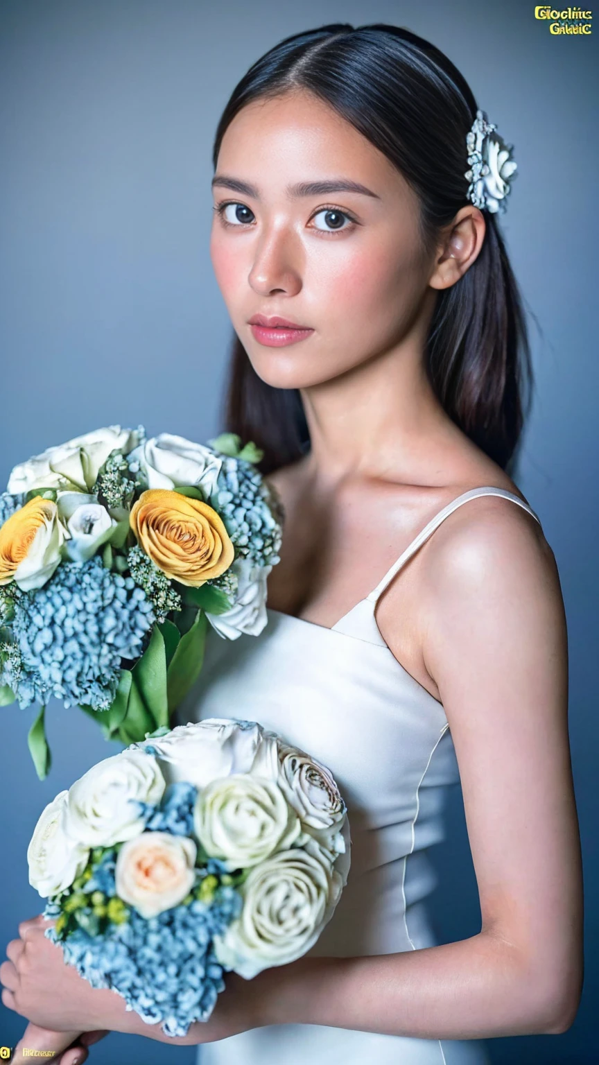 Woman and bouquet, She looked at me with such beautiful and kind eyes..Schneider Pastel Ink Details, 、(pastel colour),Soft texture:((Delicate and beautiful eyes), (Detailed eyes and detailed face),The color is also much brighter,The background is soft dark blue,Ultra-high resolution, Super Detail, Fresh and impressive,8K, 32k uhb,photograph,Nikon D850, live-action,National Geographic,Award-winning,Award-winning照片