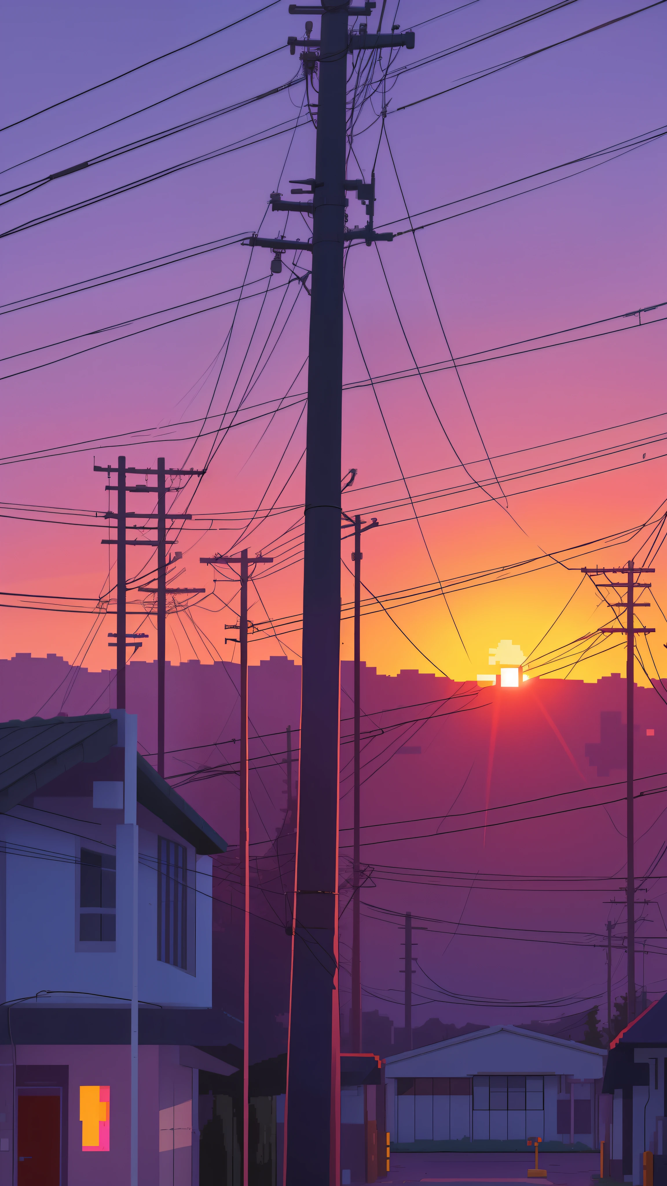 purple theme, power pole in the sunset, pixel art, anime