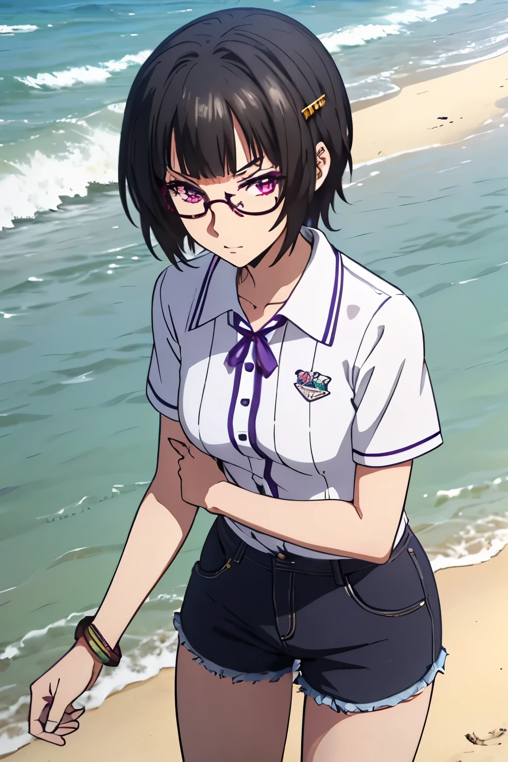 sona sitri, short hair, black hair, hair ornament, glasses, hair clip, bangs, blunt bangs, (purple eyes:1.1), white blouse with floral print, frayed denim shorts, brown leather sandals with braided details, colorful bracelet, straw hat with ribbon blue, (in the beach)