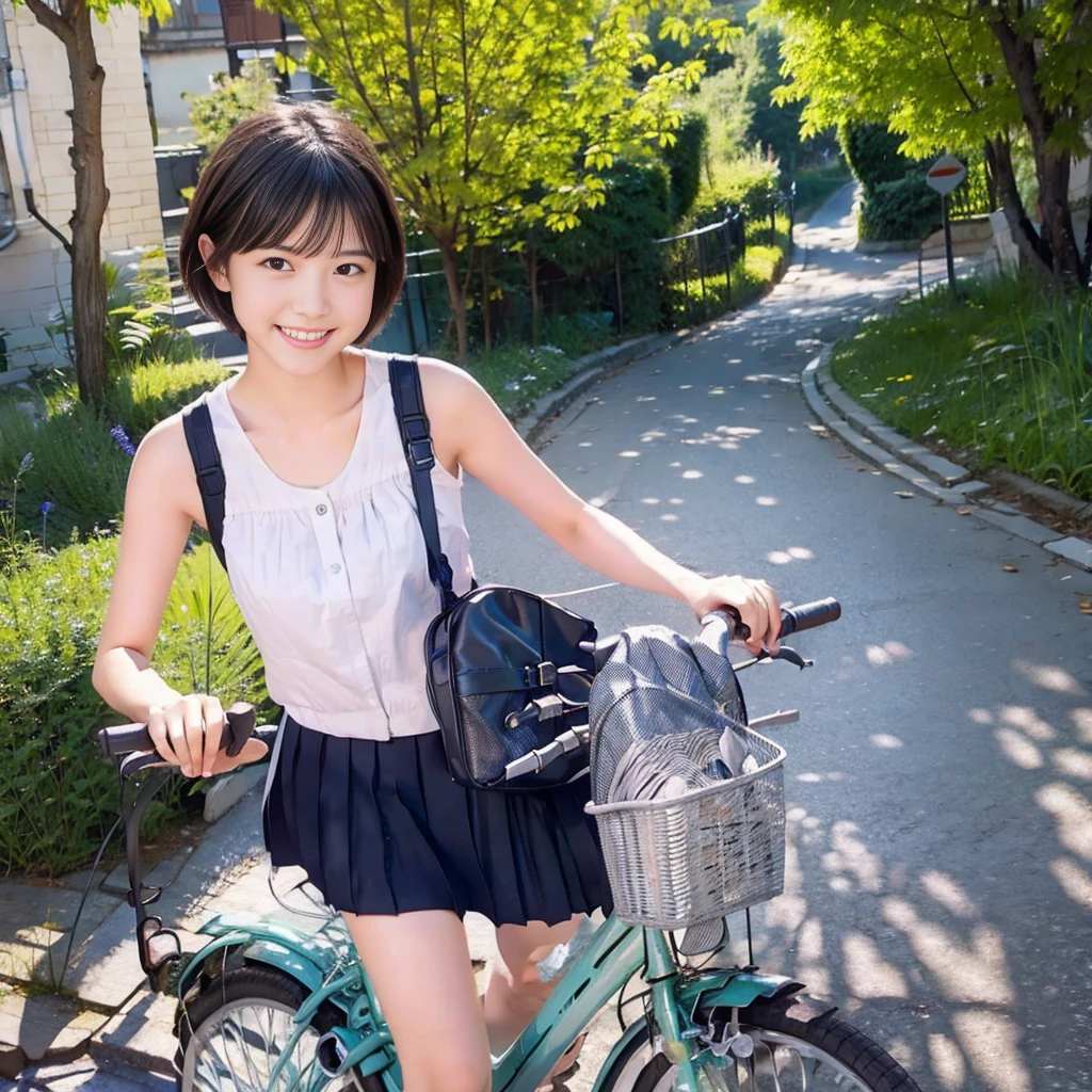 Girl with short bob hair,Red eyes ,Biking along long hilly roads,Urban Slope,skyscraper,smile