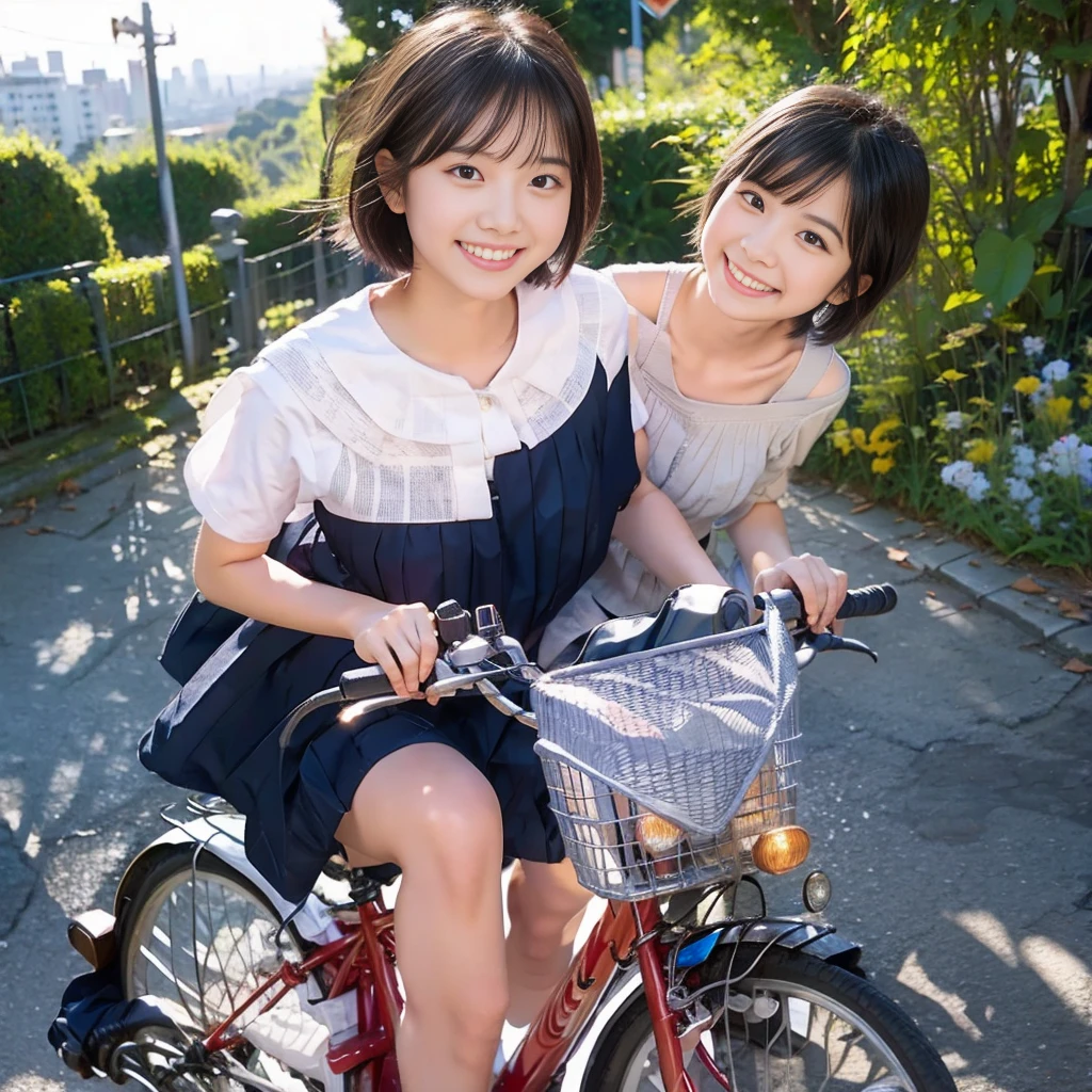 Girl with short bob hair,Red eyes ,Biking along long hilly roads,Urban Slope,skyscraper,smile