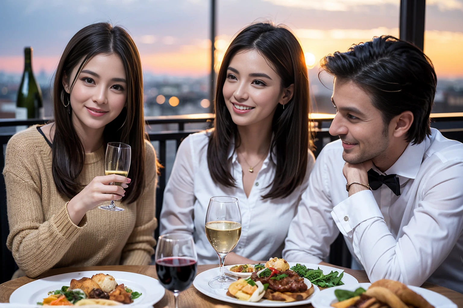 ((Highest quality、8K,masterpiece:1.3))、1 male 1 female、Slim Lover、Beautiful couple、smile、full-course dinner、 (Slim face), (the body is スリム), (Brown Hair), (Shortcuts), ((Bob Hale、Straight hair:1.2)), テーブルのwine glass、 Amazing view of the sunset sky and clouds、smileの美しさ、Shortcuts, (43 years old), 39 years old, Appetizers、Italian food、Wine bottle、Champagne、sparkling wine、Long sleeve shirt、dress、Attractive beauty、restaurant, actress, model, Upper Body, White wine, red wine, wine glass,
