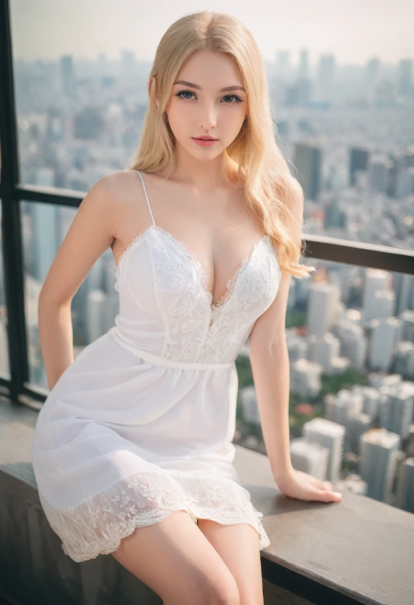 Leila、17 years old、（Russian women）、（Cute face:1.3）、（Thin contours）、Grey Eyes、、Blonde medium-long hair、Big boobs、Model Style、Angle up to the knee、White dress、Inside the city of Tokyo