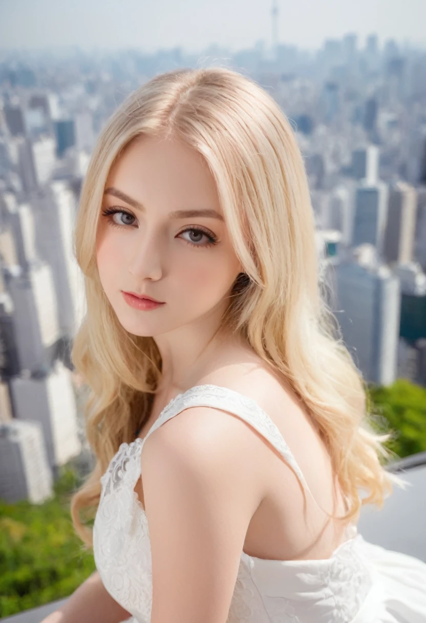 Leila、18-year-old、(Russian women)、(Cute face:1.3)、(Thin contours:1.3)、Grey Eyes、、Blonde medium-long hair、(Big Breasts)、8-head-tall model style、Angle up to the knee、White dress、Inside the city of Tokyo