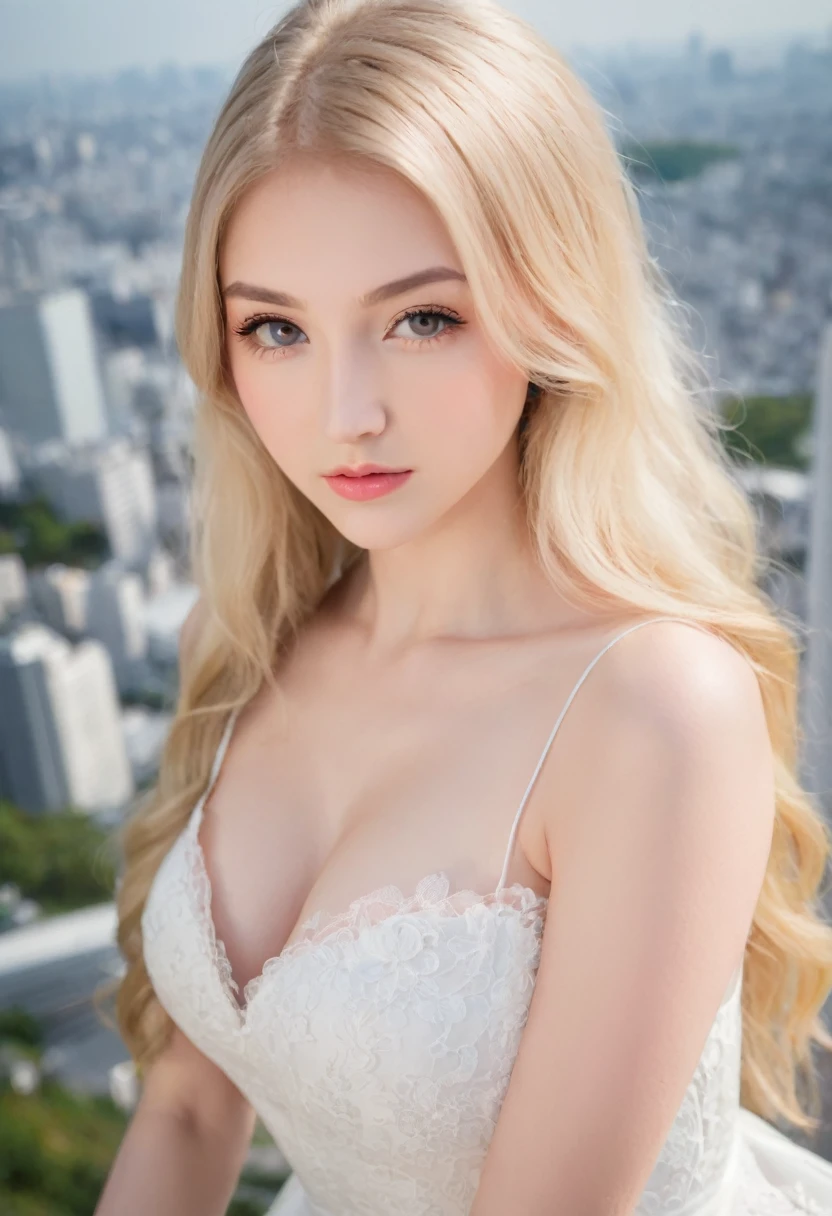 Leila、18-year-old、(Russian women)、(Cute face:1.3)、(Thin contours:1.3)、Grey Eyes、、Blonde medium-long hair、(Big Breasts)、8-head-tall model style、Angle up to the knee、White dress、Inside the city of Tokyo