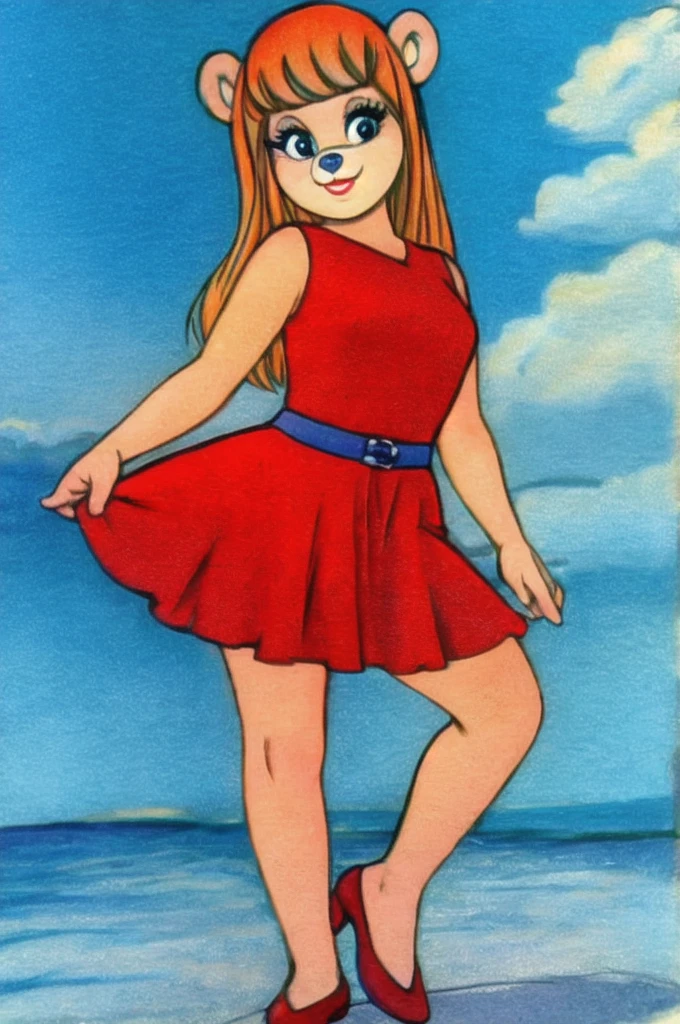 fashionable 60s young lady bear, red_dress, girlfriend, wife, cute pose