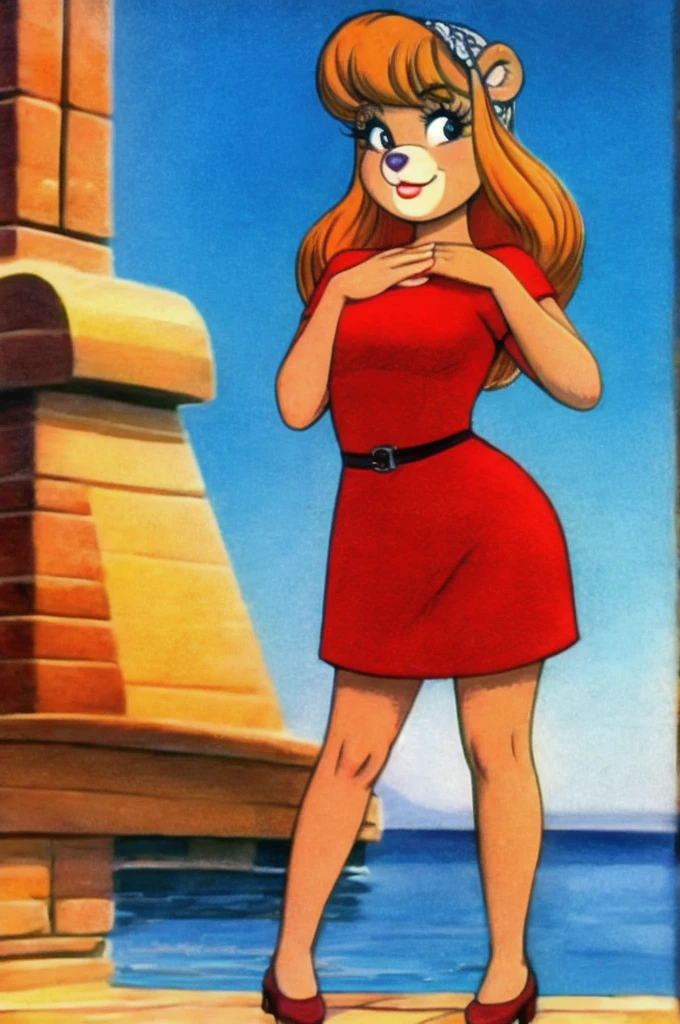 fashionable 60s young lady bear, red_dress, girlfriend, wife, cute pose