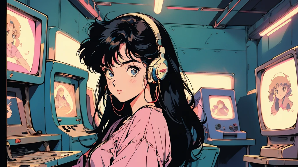 Retro arcade anime girl, 80年代のAnime atmosphere, 80s anime style, Retro Anime Girls, 1980's anime style, Retro anime images, Anime atmosphere, Playing games, Smoking、４ｋ、Wearing headphones