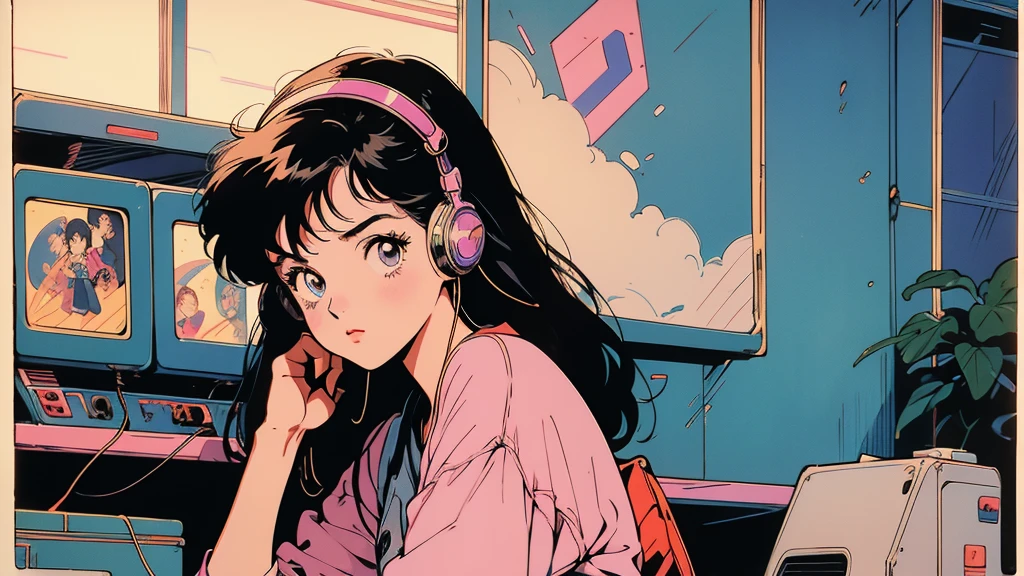 Retro arcade anime girl, 80年代のAnime atmosphere, 80s anime style, Retro Anime Girls, 1980's anime style, Retro anime images, Anime atmosphere, Playing games, Smoking、４ｋ、Wearing headphones