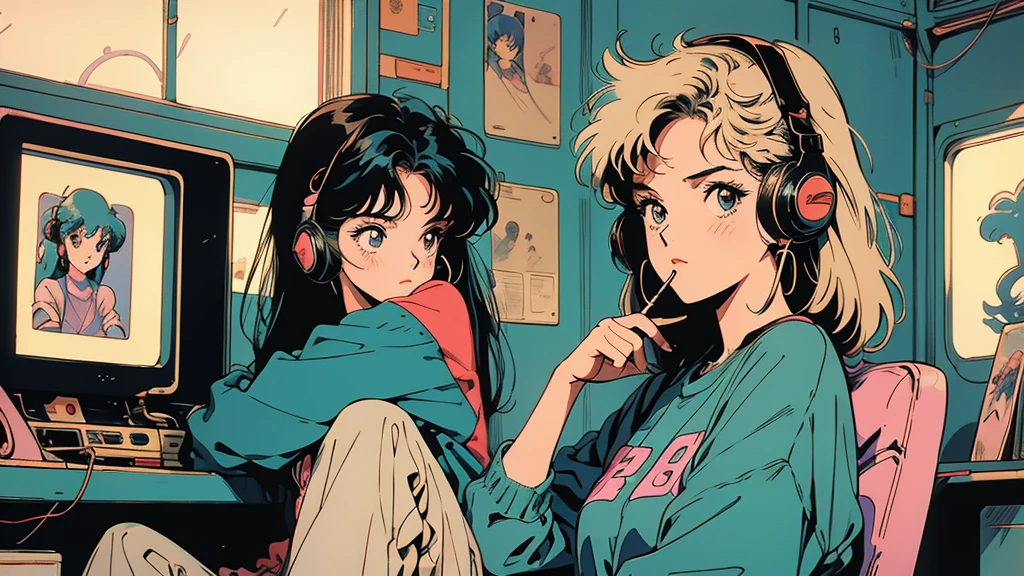 Retro arcade anime girl, 80年代のAnime atmosphere, 80s anime style, Retro Anime Girls, 1980's anime style, Retro anime images, Anime atmosphere, Playing games, Smoking、４ｋ、Wearing headphones