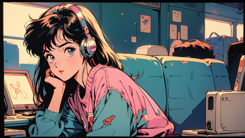 Retro arcade anime girl, 80年代のAnime atmosphere, 80s anime style, Retro Anime Girls, 1980's anime style, Retro anime images, Anime atmosphere, Playing games, Smoking、４ｋ、Wearing headphones