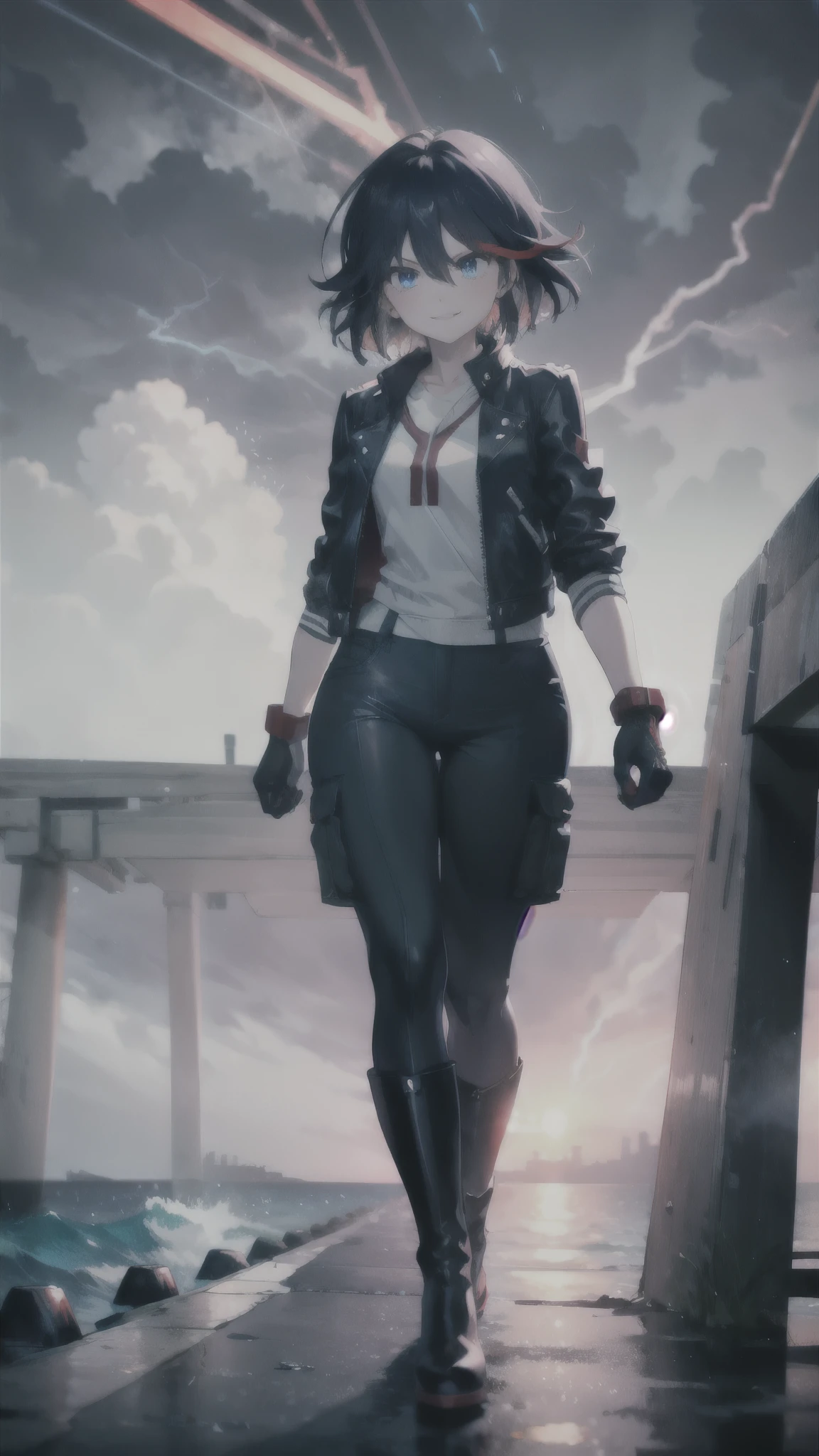 Ryuko on the edge of a pier with a storm and the ocean in the background, thunderstorm, red thunder on the background, confident smile, tough clothes, short hair with red strand, blue eyes, gear form iris, leather jacket, cargo pants, high boots, curvy girl, 25 years old