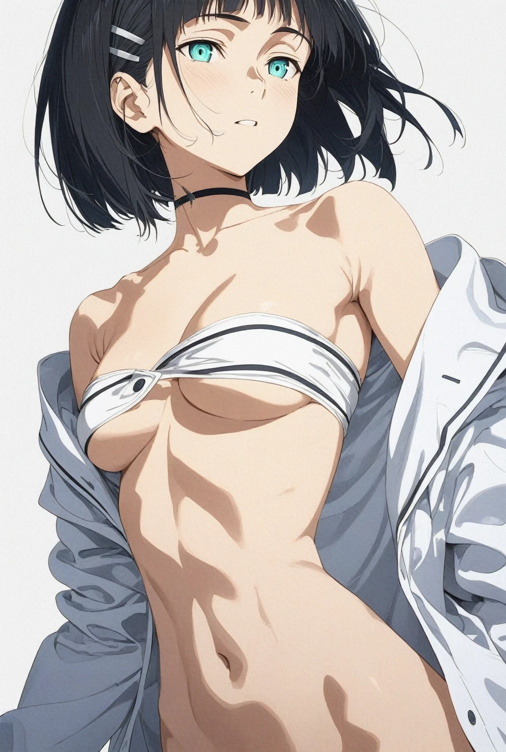 (masterpiece), (best quality), (ultra-detailed), very aesthetic, illustration, perfect composition, intricate details, absurdres, detailed face, (intricate),1girl, (kirigaya suguha, sword art online, green eyes, black hair, medium breasts), (realistic face:0.5), (narrowed eyes, glowing eyes:1.3), bandeau,perfect face, 4k, extremely detailed anime illustration,, enhanced details,cowboy shot,perfect anatomy,smooth skin, (gray background), cristal clear eyes, beautiful face,(anime style:1.5), (highres),
