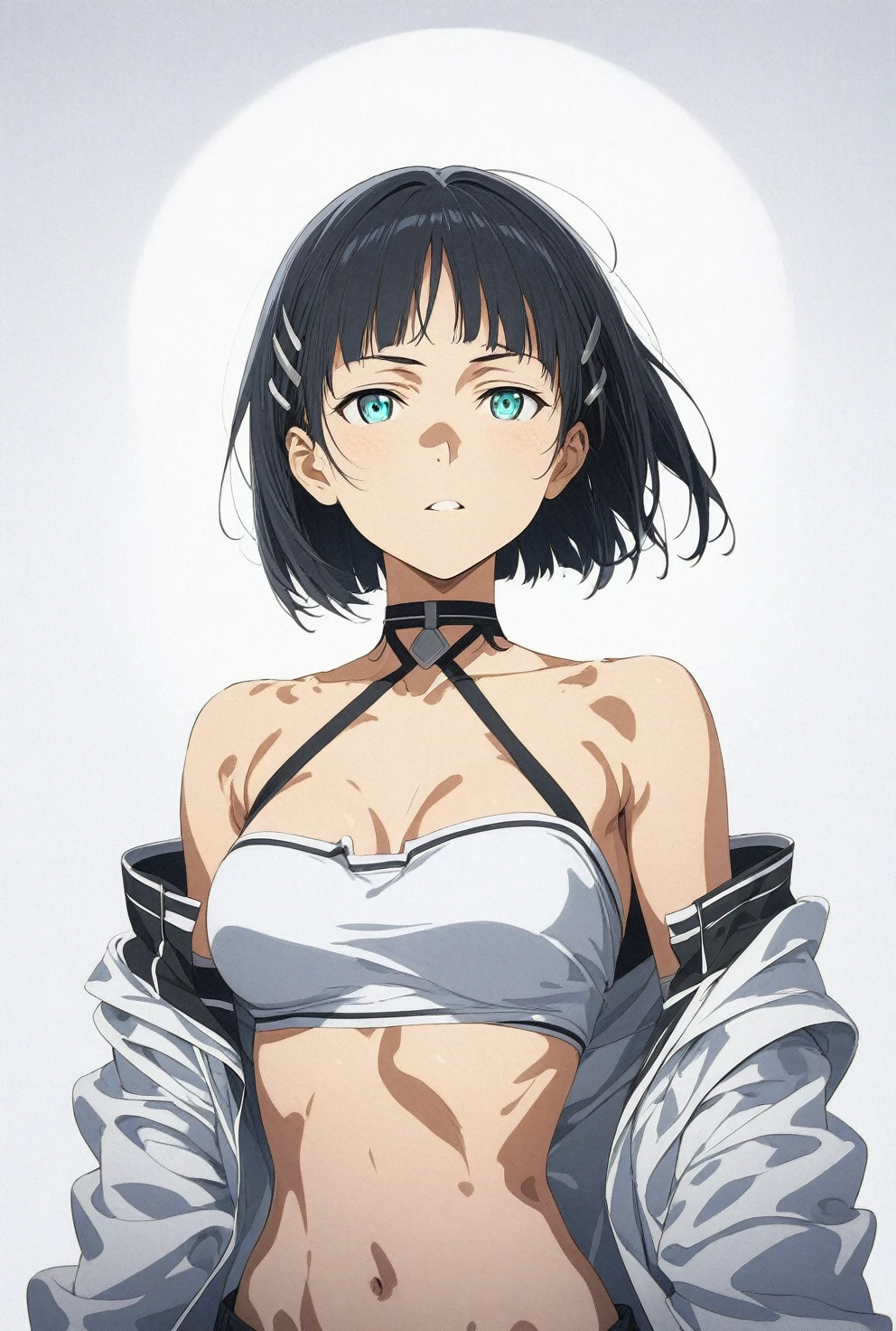 (masterpiece), (best quality), (ultra-detailed), very aesthetic, illustration, perfect composition, intricate details, absurdres, detailed face, (intricate),1girl, (kirigaya suguha, sword art online, green eyes, black hair, medium breasts), (realistic face:0.5), (narrowed eyes, glowing eyes:1.3), bandeau,perfect face, 4k, extremely detailed anime illustration,, enhanced details,cowboy shot,perfect anatomy,smooth skin, (gray background), cristal clear eyes, beautiful face,(anime style:1.5), (highres),