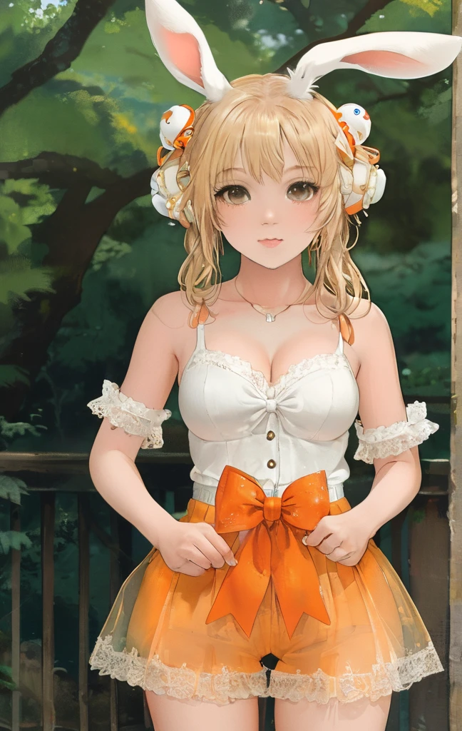 1girl, animal ears, bangs, bare shoulders, blonde hair, blush, bow, breasts, white cleavage, cropped torso, , green eyes, hair ribbon, heterochromia, holding,looking at viewer, open mouth, orange bow, orange eyes, orange ribbon, rabbit ears, ribbon, solo, stuffed animal, stuffed bunny, stuffed toy, twintails, upper body, full-length, white legbands, white shoes with lace and white bows, white background, wrist cuffs, yellow eyes, bloomers, close-up, fair skin frills, lace, midriff, skirt, solo, , white background,shorts, white top with ribbon and lace and trousers,trousers, genshin,white slippers with a bow,All clothes are white, laceAt full height, it stands