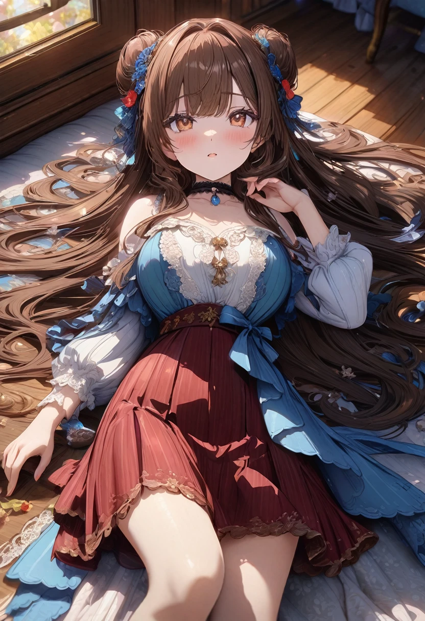 ((masterpiece), best quality, very aesthetic, newest, absurdres, detailed, high quality)
BREAK
highest quality, top quality, details, highres, ultra fine painting, digital art, official art, cinematic, 4k, 8k resolution, 8K CG wallpaper, CG, original artwork, detailed background, colorful background, blue atmosphere, High Dynamic Range, blurry background, blue hour, Starburst effects, crepuscular rays, good ISO, high resolution, wide shot, from far away, RAW photo, POV, sharp focus, light reflection, reflections, intricate details, soft light, particle noise, professional photography, bokeh, depth of field, natural lighting, vibrant colors, looking away, detailed lights and shadows, stylish, ultra-detailed, top rated on Pixiv, trending on Artstation, niji style, modern-days, master crafted, pose
BREAK
solo, close up shot, from above, 1girl, pale skin, correct fingers, detailed hand, (big breasts:1.2), big thighs, small torso, short body, flushtered, blush, anxious expression, embarassed, embarassed act, casual, slim, ((cute, childlike face):1.3), nice hips, nice body, brown hair, (very long flowing hair), (big 2 buns hairstyle)), long bangs, long hair, middle hair bangs, brown eyes
BREAK
(Cute colored skirt, simple blouse, choker)
BREAK
bed with a white sheet, messy bed, anime background art, relaxing concept art, lying at the bed, beautiful anime scene, beautiful anime artwork, bed, anime background, girl laying on a bed, soft anime illustration