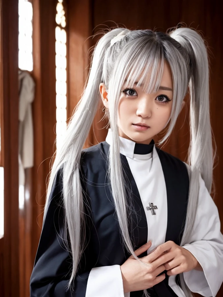 chest, big, twin tail, silver hair, priest, side, saint, disgusting