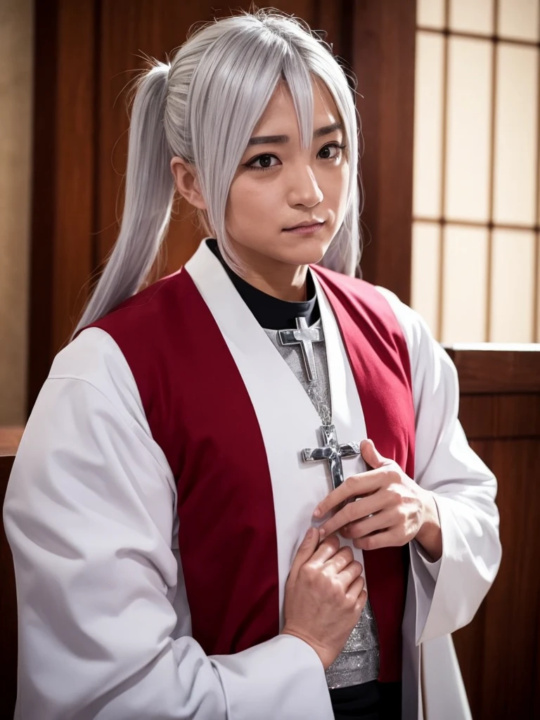 chest, big, twin tail, silver hair, priest, side, saint, disgusting