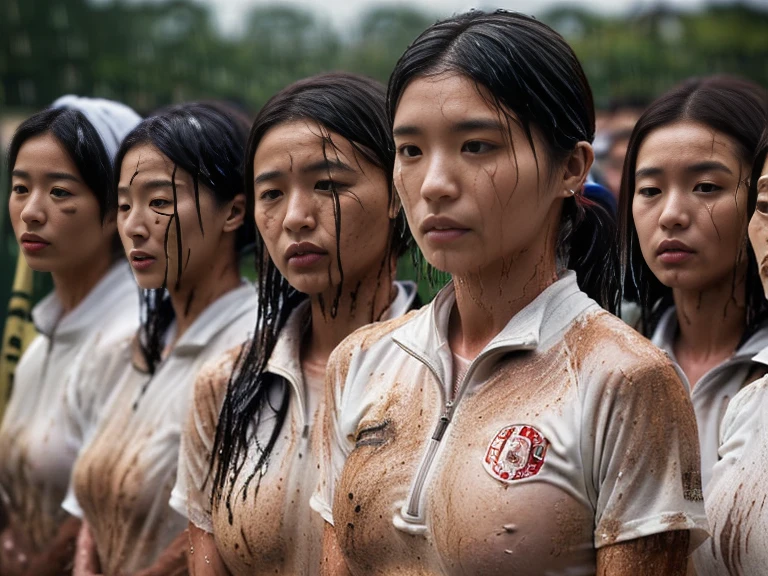 (A plain white short sleeved dirt stained field hockey uniform with a very tight white half zip:1.7)、(A large, dirt-stained, white, square collar: 1.6)、(Red clay ground:1.5)、My hair is wet and messy、(Beautiful Japanese woman covered in dirt:2.0)、Highest quality, masterpiece, Ultra-high resolution, Photorealistic, Raw Photos,Detailed face,(Muscular woman:2.4), (Fastener open: 1.8), (Upper body zoom up:1.0),(Everyone wears the same clothes:1.0), All members are super beauties, (A group of beautiful Japanese women standing in a row facing forward: 1.5), (Hair tied up: 1.4), (Exhausted expression:1.8), Bright photo, (My whole body is drenched in rain: 1.7)