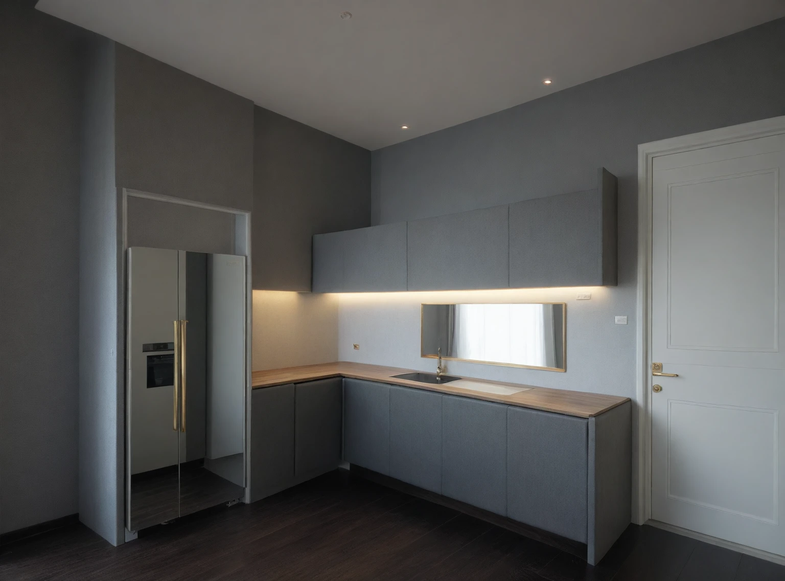 ,Masterpiece, Best quality,8K, Ultra-high resolution,When you step into the (dining and kitchen : 1.1) ,Immediately surrounded by a rich atmosphere of luxury. The space was covered with a soft white fluffy blanket,It is so comfortable,So much so that you can't help but indulge in it。Embellished with precious porcelain and white-off gold ornaments。Whenever it is late afternoon,The afterglow from the window spilled on the floor,Soft light and shadow are reflected,It was as if entering a dreamland. ((Wooden chair and table : 1.3)), ((COLUMN MIRROR : 1.3)); (( dark grey sofa : 1.5))