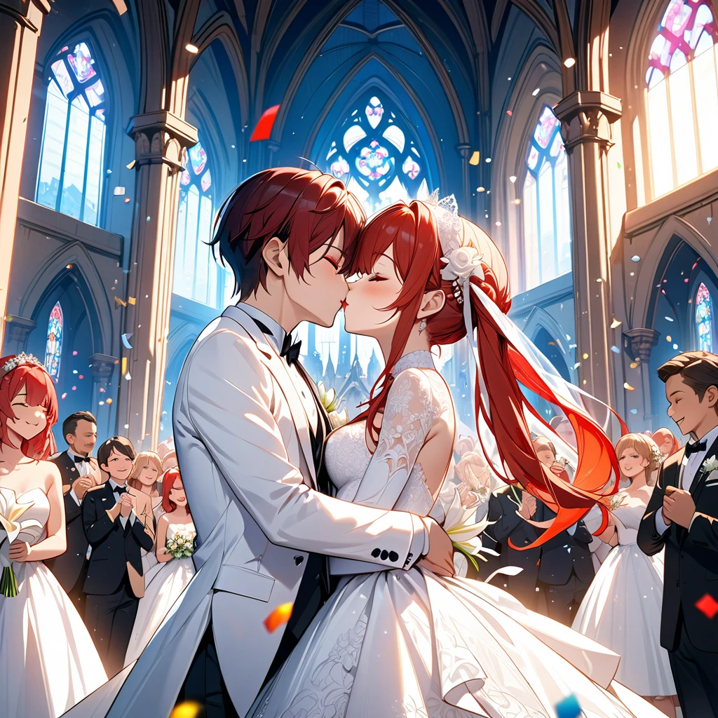 a high quality, high definition, highly detailed two lily girls kissing, red haired twin tailed robot girls with red eyes, one wearing a gorgeous white wedding dress, one wearing a white tuxedo, audience watching, eyes closed, lots of confetti dancing, chapel in the background,cowboy shot, (best quality,4k,8k,highres,masterpiece:1.2),ultra-detailed,cinematic lighting,vibrant colors,intricate details
