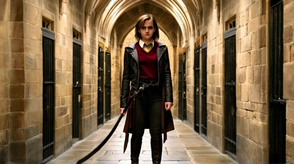 Emma Watson stands in a Griffindor leather outfit with a whip in a corridor of Hogwarts