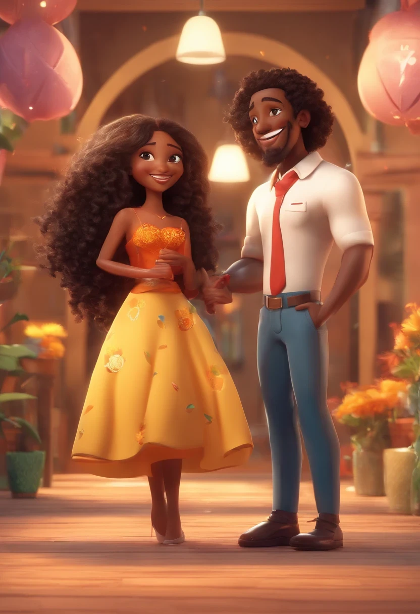 An illustration of an adorable couple, highlighting a black man and a black woman with beautiful expressive eyes - the man's skin is black and the man's hair is disguised and black, while the woman's skin is black and the woman's hair is curly and brown. They are a bright room, cada um com um sorriso no rosto, e compartilhar um momento especial caracterizado pelo amor, Insights. Illustrate this scene from a perspective where they are facing the camera, Smiling and Showing Your Connection. Desenvolva esta arte em Full HD, Focus on your cinematic touch, Estilo Disney Pixar Animations