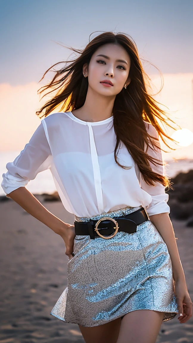 Woman walking on the beach at sunset, Depth of Field, Soft orange light illuminates a woman, ((thick body)), Textured Skin, People, Length of hair, Nostalgic and fresh atmosphere, worried expression, A woman standing, Light makeup, Clear drawing, Attractive woman, Flowing contours, A woman wearing a shirt and a dark tight skirt, Symmetrical shirt, Tight skirt and thin belt, Elegant materials and design, Small earrings, Small bracelet, Exquisite style