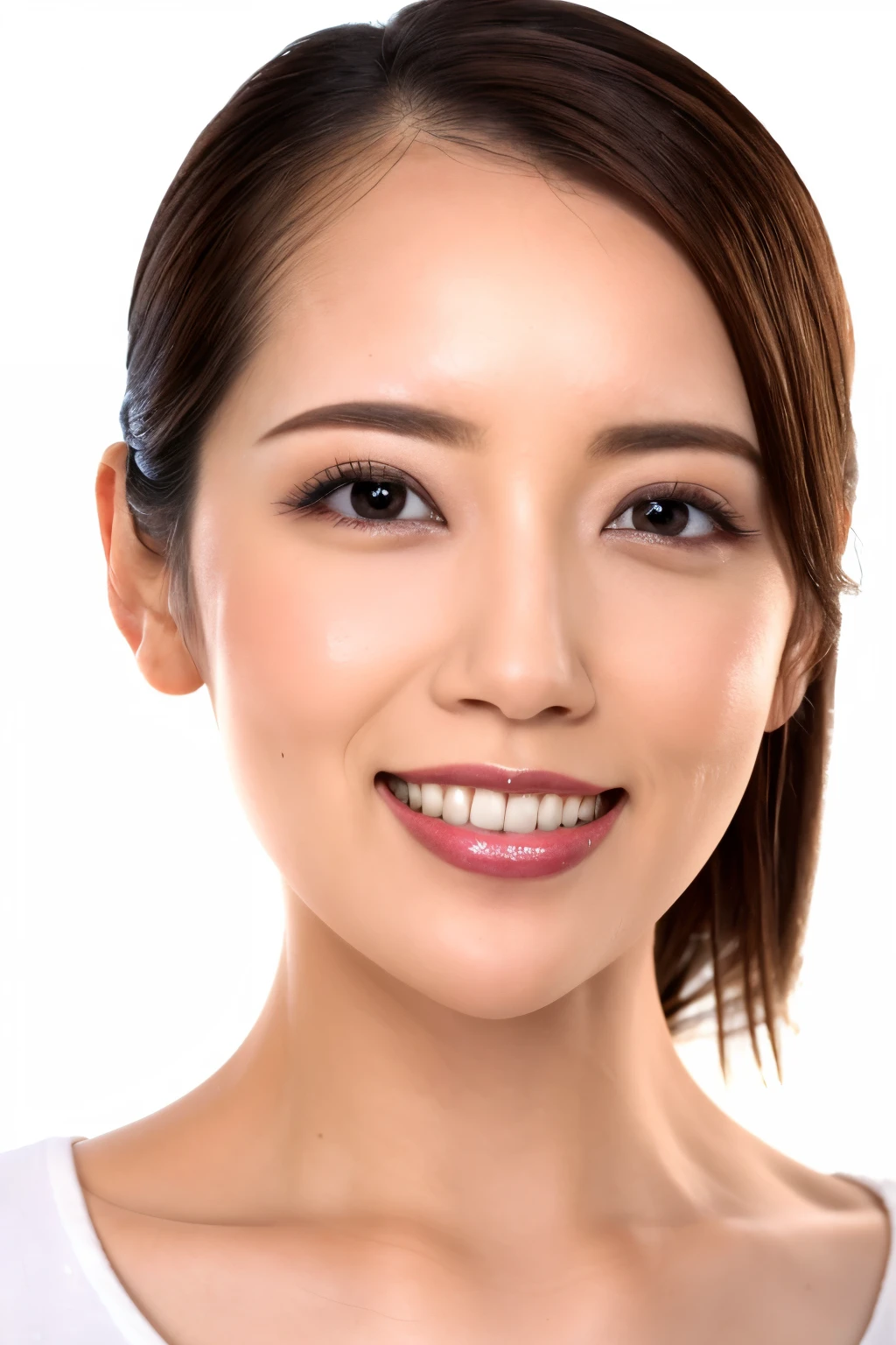 (Highest quality、Tabletop、8K、Best image quality、Award-winning works)、One beautiful woman、Close-up of face、Bright white skin、Perfect shirt、Very bright、Bright and shiny shirt、(The simplest white background:1.3)、Perfect Makeup、Lustrous and bright lips、Accurate anatomy、Ultra-high definition beauty face、Ultra HD Hair、Super high quality sparkling eyes、(Ultra-high resolution glossy skin:1.1)、Super high quality glossy lip、Look straight ahead