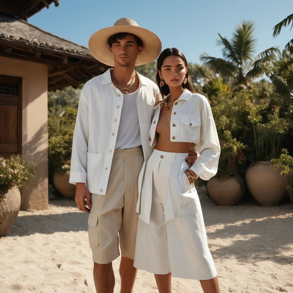 In a picturesque a good looking young man and woman, both aged 18-25, showcase fashion white outfits inspired by Christian Dior's resort collection, blending local culture and nature in elegant white rayon. Captured in a full-body pose, their presence and the intricate details of the surroundings are emphasized. The man wears an oversized short-sleeved bowling white rayon shirt, paired with relaxed-fit mixed Rayon sweat shorts pants, and a beige utility Yukata jacket. He completes his look with white leather-strap flip-flops, wooden-framed sunglasses, and a woven bracelet. The woman complements him in a white rayon maxi dress, and a sleeveless white silk crop top. Her ensemble includes an A-line rayon skirt with wooden button details and a waist tie. She accessorizes with a wide-brimmed straw hat, beaded-strap sandals and necklace. Photographed with a Canon EOS R6 camera using an 85mm f/1.8 lens at an f/2.2 aperture, utilizing natural light, the image employs shadows to enhance features and add depth to the composition. The careful layering and arrangement of body parts and surrounding objects ensure a flawless composition. This masterpiece celebrates the beauty of the models and invites viewers to immerse themselves in a world of sophistication and charm. The seductive lighting and intricate details, combined with a dramatic composition, capture the essence of a fun-filled day brimming with joy and relaxation. Attention is meticulously paid to the layers and arrangement of body parts and surrounding objects, ensuring correct body structure and photo distance. The romantic atmosphere, paired with a lively and extremely gorgeous background, completes this captivating scene.