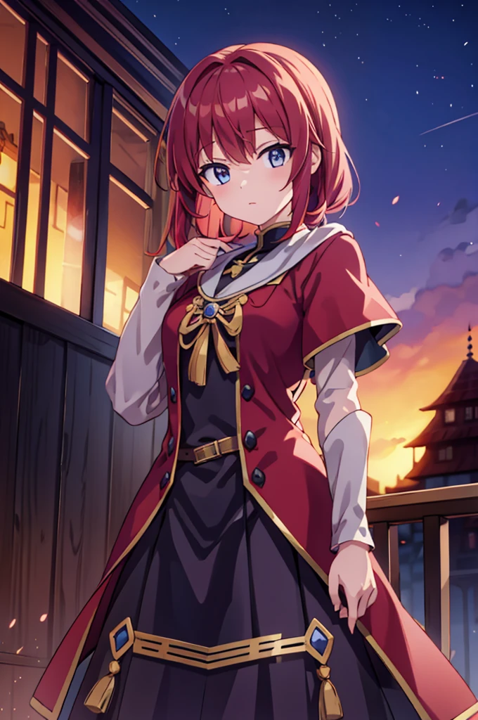 Highest quality, masterpiece, High resolution, alone, (Fire emblem‗ミネルバ),(Fire emblem),Evening sky_background,Young Girl,(red_Hair Color), 4K, masterpiece,, alone, 1,whole body,looking at the camera, (red_coat)Sharp Eyes,(Long Spear)(Full Finger), (Accurate fingertips), (The finer details), (Anatomically correct), (映画のbackground), Hyper Detail, (Subtle details), (Intricate details),