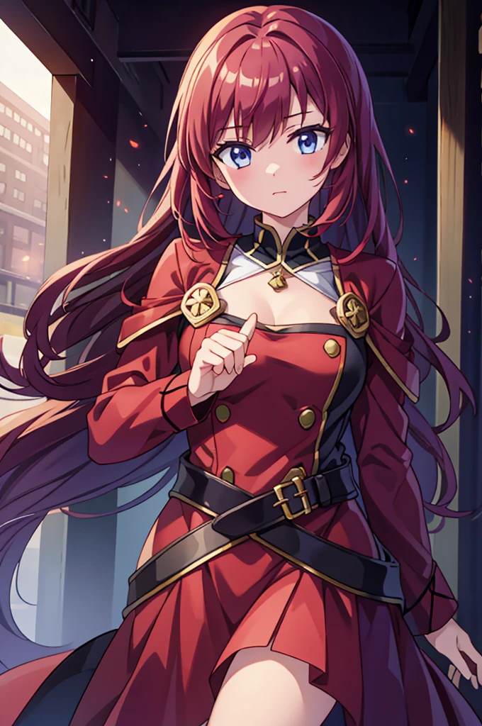 Highest quality, masterpiece, High resolution, alone, (Fire emblem‗ミネルバ),(Fire emblem),Evening sky_background,Young Girl,(red_Hair Color), 4K, masterpiece,, alone, 1,whole body,looking at the camera, (red_coat)Sharp Eyes,(Long Spear)(Full Finger), (Accurate fingertips), (The finer details), (Anatomically correct), (映画のbackground), Hyper Detail, (Subtle details), (Intricate details),