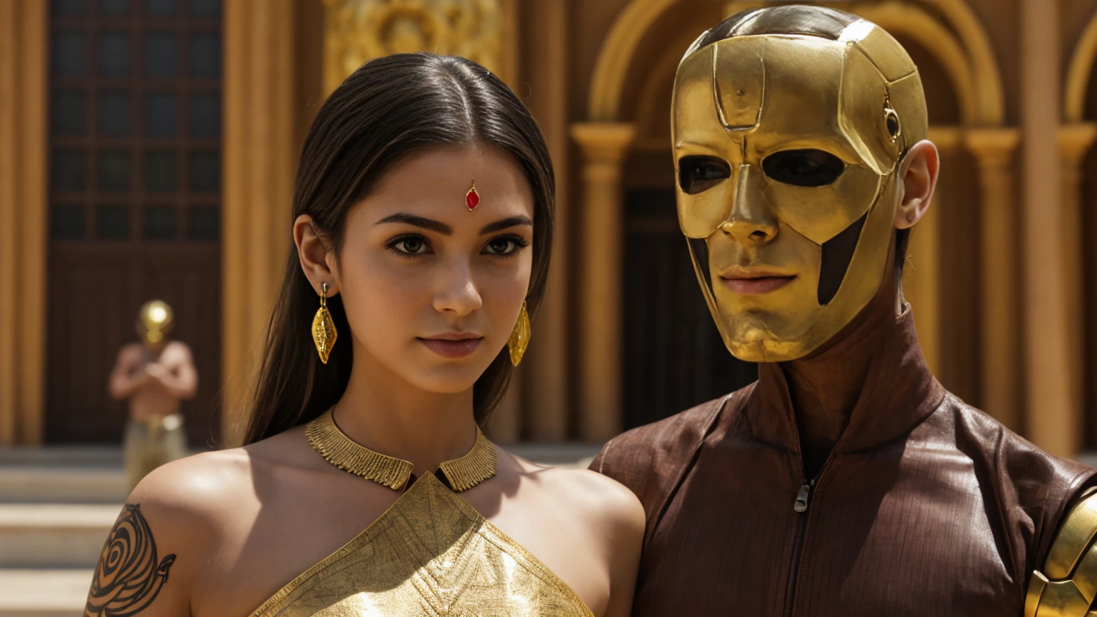 Voluptuous priestess with tattoos, Body piercings and an Iron Man mask outside a Hindu temple Ultra-realistic photo