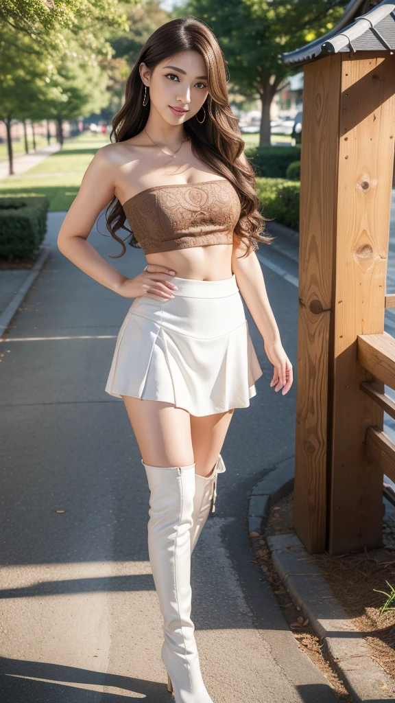 (Brown layered wavy hair),Heavy makeup、(18 year old,two females,Japanese):1.2、8K, Seductive smile,tall:1.4、a small face、Nikon Z 85mm, ((Best Quality)) ,((masterpiece)), intricate detailes, Professional, Realistic, Photorealistic、 ((Strapless,Baretop midriff,Sexy mini skirt)):1.2、(Walking in the park):1.2, large earring、(White Stretch knee boots with high stiletto heels、Pointed toe):1.2、Full body shot