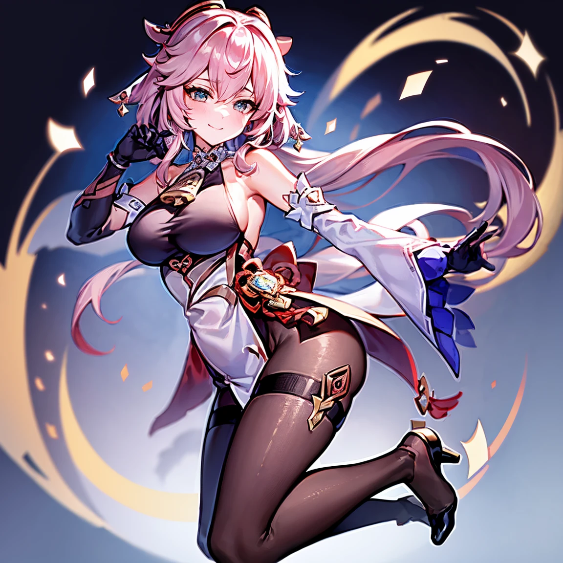 {Solitary}，{Fusion}，best quality, 16K, highres, super detail, high details, high quality, textured skin, uhd, masterpiece，masterpiece, best quality,{masterpiece},best quality,Official Art,Extremely detailed CG unified 8k wallpaper,Perfect female body,An adult female,{Standing}，Elbow gloves,{Huge breasts}，{Very long legs},Very thin hands，Royal sister，beautiful eyes，Delicate face，Red Eyeshadow, {Very long hair}，High heel，Mature face，{evil smile}，{Horns on the head}，{Fox ears}，{veil}，Black pantyhose，{Charming smile}，{The skirt is very short}，No shoes，{ganyu（genshin impact）}，{yae miko（genshin impact）}，{rosaria（genshin impact）}，{Yelanrnd}