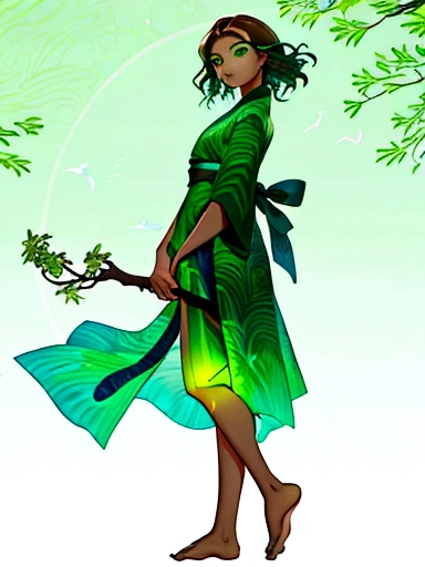((((Artisan, Vibrant Visage beautiful composure, ultra high definition)))), 1man, serene, walking, (long brown hair flowing behind), ((glowing green eyes)), long slender face, olive skin complexion, ((emerald green eyes with golden flecks)), (((ultra detailed face, unique jewelry:0.5))), centered, (wide shot), three quarters view, ((greenery and exotic wildlife:0.9))), leveragestance, Baobab treepeltana house behind, GO Standing with nod growing lily in hand, ((wise and calm demeanor))), Looking over shoulder,пар呢 ((birdfriend, branch with seasonal fruit:0.6)), long, cobalt blue kimono and hakama, carrying staff styled like ancientTheWanderer Thana, mid-aged, ((ancient tree glyphs etched into skin:0.2))