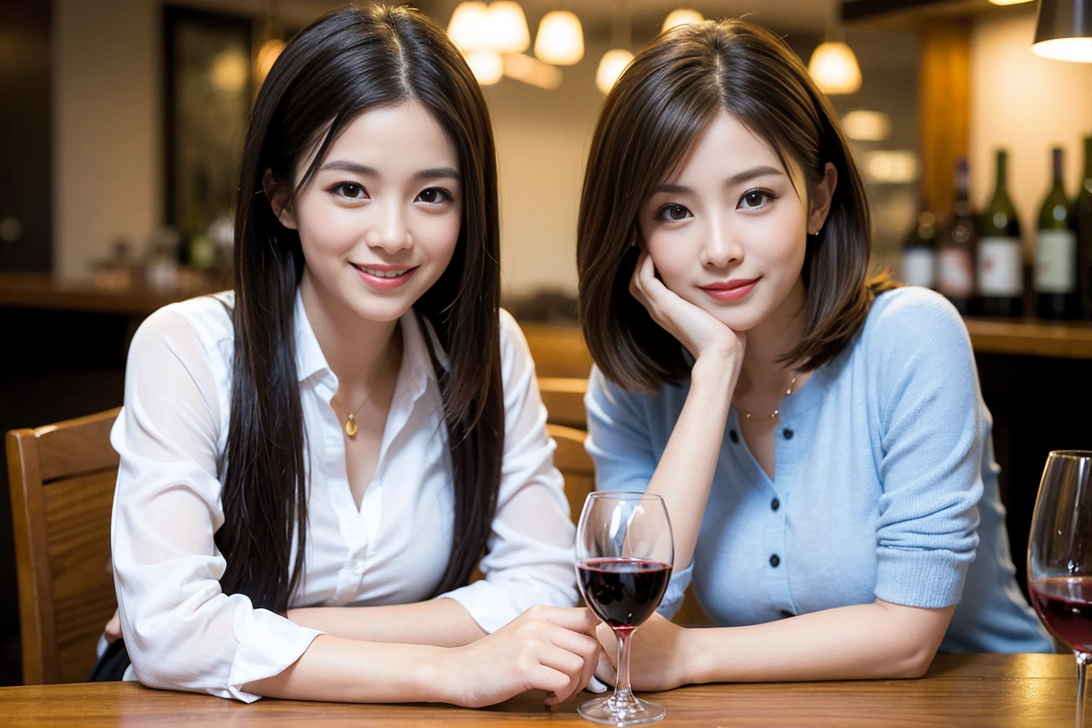 ((Highest quality、8K、masterpiece:1.3))、1 male、1 woman who resembles Satomi Ishihara、Couple、spouse、Couple、The body is slim、((Bob Hale、Straight hair:1.2)), (Realistic, Intricate details:1.2), テーブルの上のwine glass、Put the light on your face、 Amazing view of the sunset sky and clouds、Amazing mountain views、A bright smile、The wonderfulness of smile、Bright image、The beauty of wine, Beautiful Face, blue eyes, The light shines on your face, Blushing, short hair,Bright Face、42 years old), 39 years old, red wine 、Appetizers、Italian food、Wine bottle、Champagne、sparkling wine、Two beauties、Brown Hair、Shortcuts、Long sleeve shirt、dress、Beautiful woman 1, (slimな顔), (The body is slim), (Brown Hair), (Shortcuts), cheeks turn a little red,Attractive beauty、restaurant, In a prominent place (From the waist up) Nova Frog Style, actress, model, Upper Body, White wine, slim, wine glass, 中央に置かれたwine glass, smile, (smile: 1.15), Beautiful fine grain, Depth f/2,saturation, High Contrast, Strong light and shadow,Moist Body:1.5、3D texture、Delicate eyes、Brown Hair、The hair is very shiny、