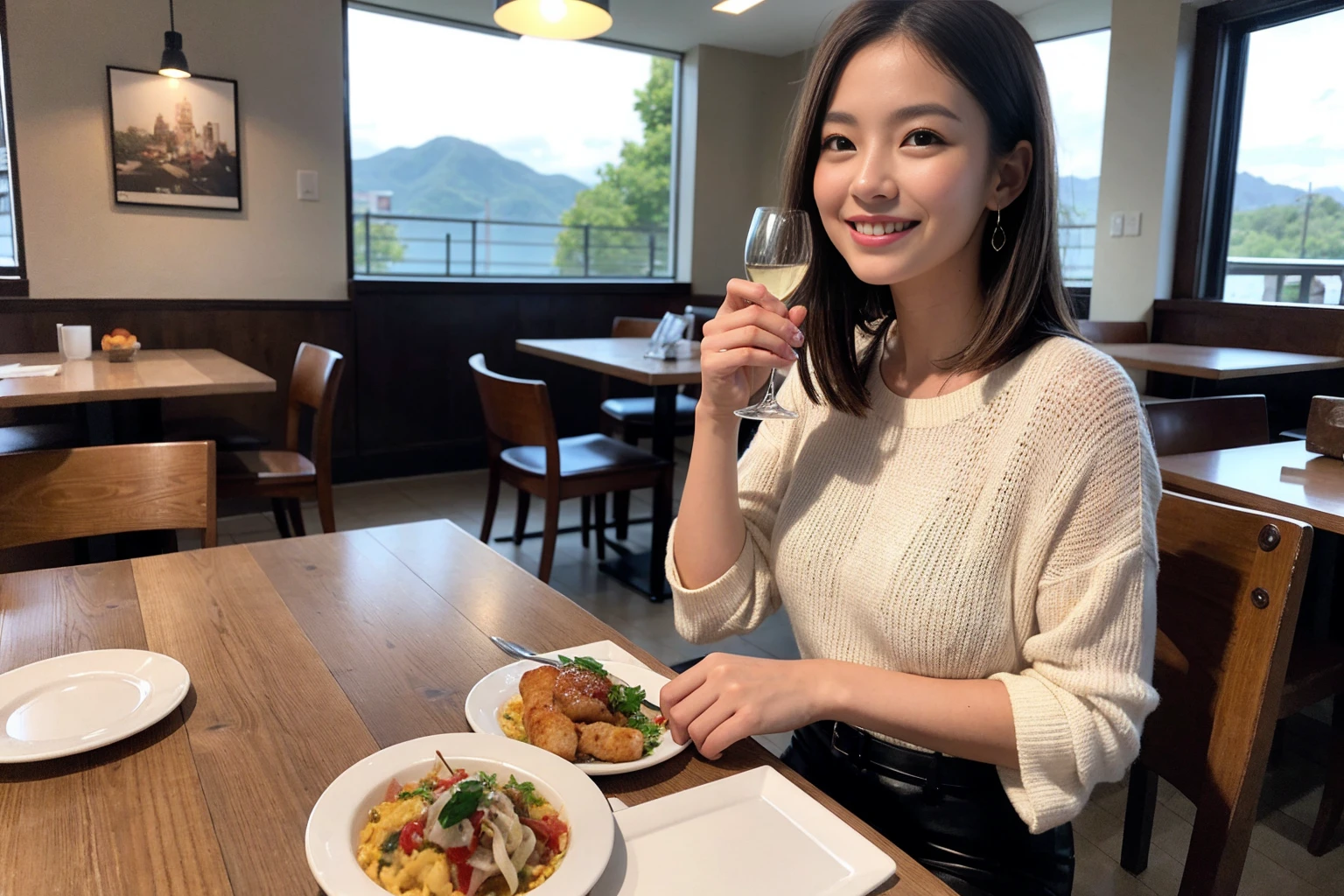 ((Highest quality、8K、masterpiece:1.3))、1 male、1 woman who resembles Satomi Ishihara、Couple、spouse、Couple、The body is slim、((Bob Hale、Straight hair:1.2)), (Realistic, Intricate details:1.2), テーブルの上のwine glass、Put the light on your face、 Amazing view of the sunset sky and clouds、Amazing mountain views、A bright smile、The wonderfulness of smile、Bright image、The beauty of wine, Beautiful Face, blue eyes, The light shines on your face, Blushing, short hair,Bright Face、42 years old), 39 years old, red wine 、Appetizers、Italian food、Wine bottle、Champagne、sparkling wine、Two beauties、Brown Hair、Shortcuts、Long sleeve shirt、dress、Beautiful woman 1, (slimな顔), (The body is slim), (Brown Hair), (Shortcuts), cheeks turn a little red,Attractive beauty、restaurant, In a prominent place (From the waist up) Nova Frog Style, actress, model, Upper Body, White wine, slim, wine glass, 中央に置かれたwine glass, smile, (smile: 1.15), Beautiful fine grain, Depth f/2,saturation, High Contrast, Strong light and shadow,Moist Body:1.5、3D texture、Delicate eyes、Brown Hair、The hair is very shiny、