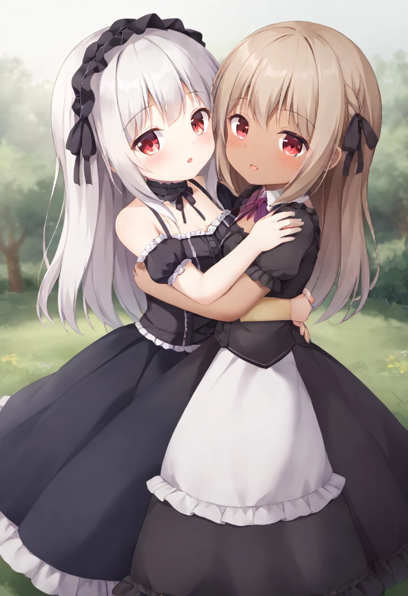 Beautiful girls hugging each other、Gothic Lolita、Long skirt、Beautiful Eyes、Brown Skin、