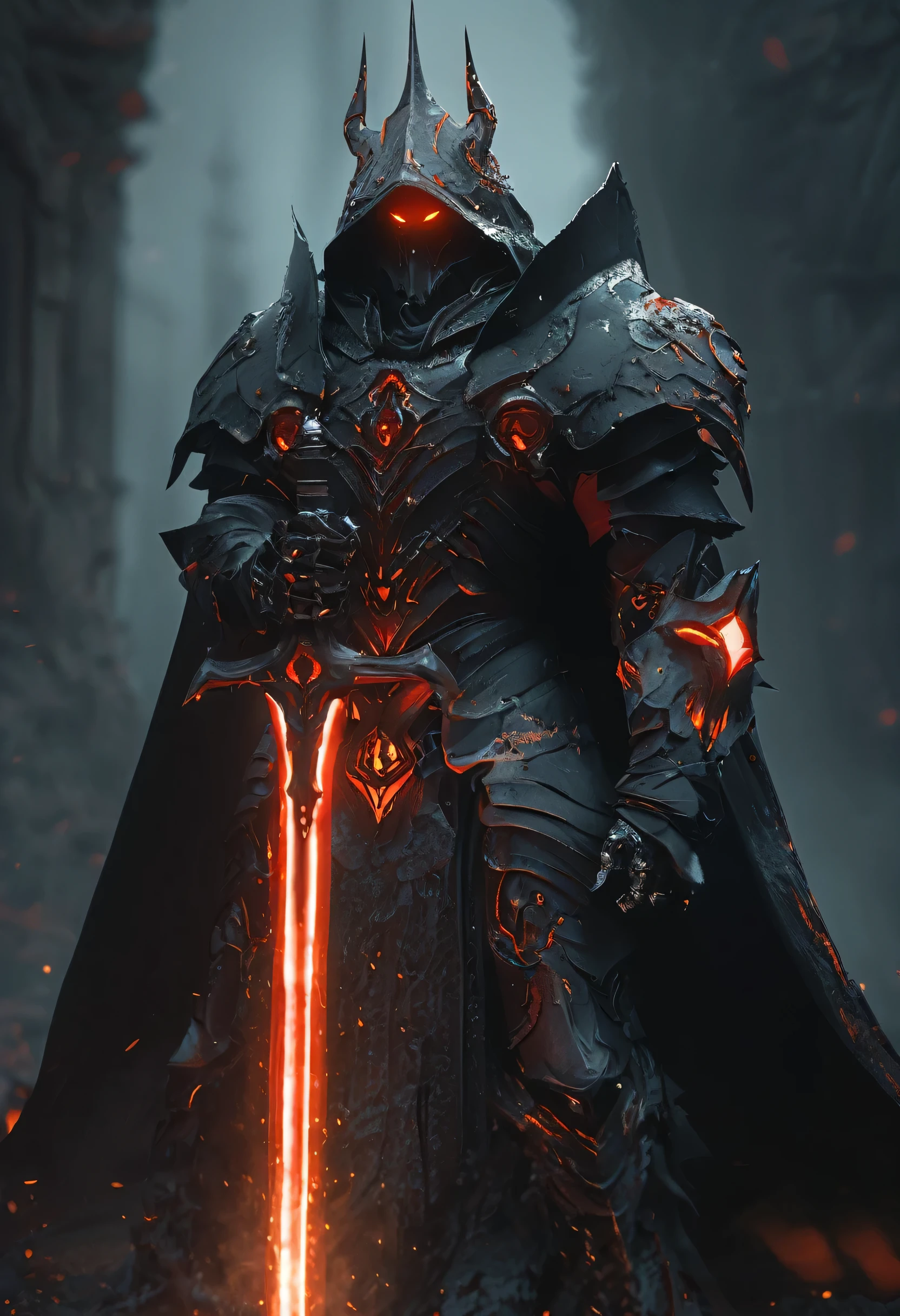 cinematic ,HKStyle, Soul Knight, black lava necromantic armor with red elements ,black hood and cape, armor infused with a robe, glowing eyes,smoke, nature inspired, bones as an accessory, night at the ruined city, linquivera background filled with chaotic patterns, disturbing, depressing, masterpiece, HD, 