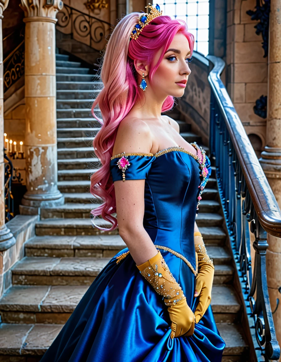 beautifull woamn with pink hair ((masterpiece, Highest quality, Best image quality, High resolution, Realistic, RAW Photos, 8K)), Woman in sapphire blue and gold marine, dress, (Long pink hair, hair tied back, Jeweled wig, Long gloves, Glass Slipper, Bare shoulders, Bare back), Looking back from halfway up the wide staircase leading to the castle, Look down,far away shot,widea angle taken
