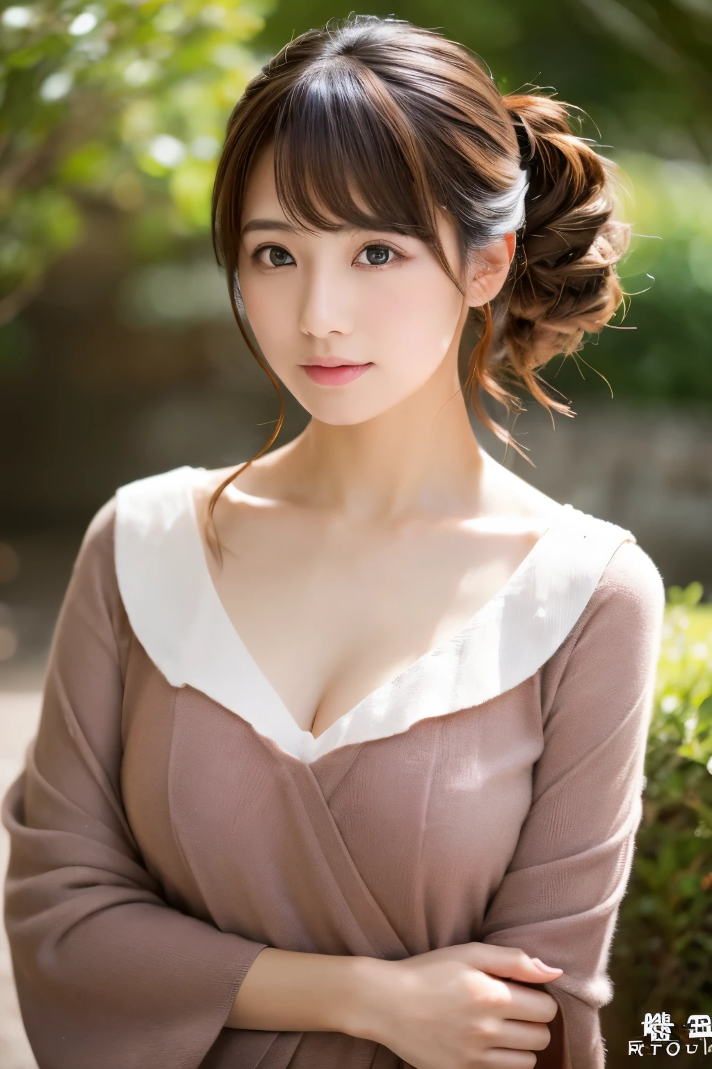 (masterpiece:1.3), (8K, Photorealsitic, Raw photography, Top image quality: 1.4), Japan high school girls、(Random hairstyles:1.2)、cleavage of the breast:1.2、Super Detail Face、Eye of Detail、double eyelid、Bring your chest together、sharp focus:1.2、ty woman:1.4、light brown hair、top-quality、masterpi